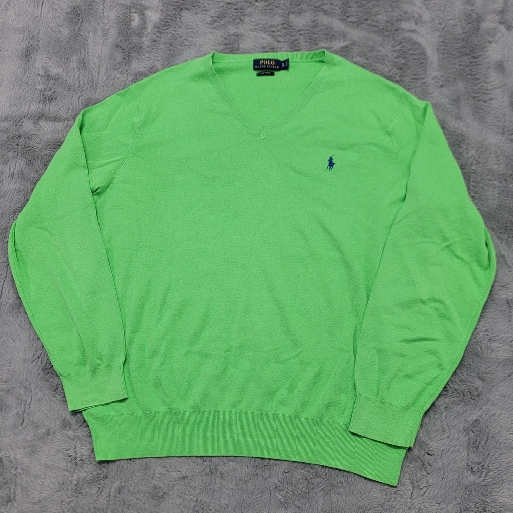 Polo Ralph Lauren Sweater Mens XLT Green Pima Cotton V Neck Pony Knit Pullover
